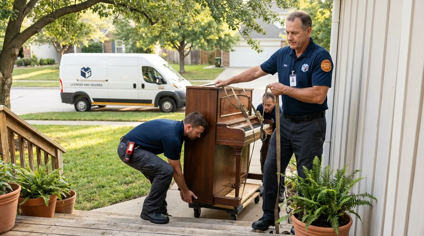 Licensed piano movers securing grand piano in Odessa, MO