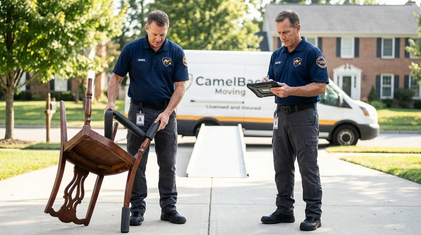 Movers inspecting furniture for damage prevention before loading in Odessa, MO